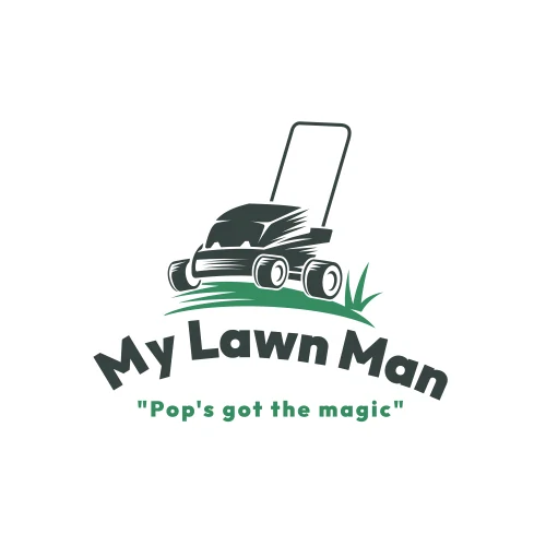 My Lawn Man Logo. Lawn mower on patch of grass with the caption below - My Lawn Man "Pop's got the magic".